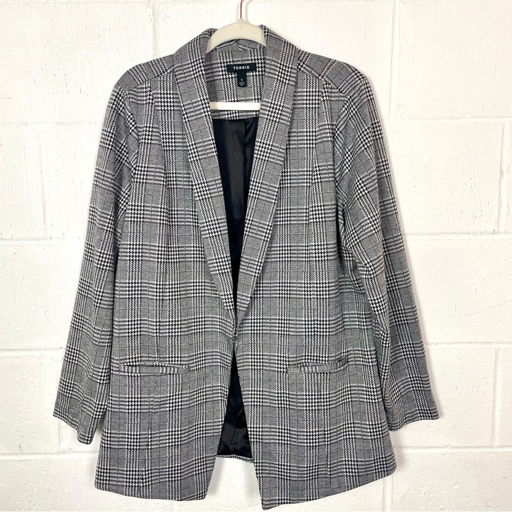 Torrid Herringbone Open Front Oversized Gray Blazer Academia Professor Preppy 1X